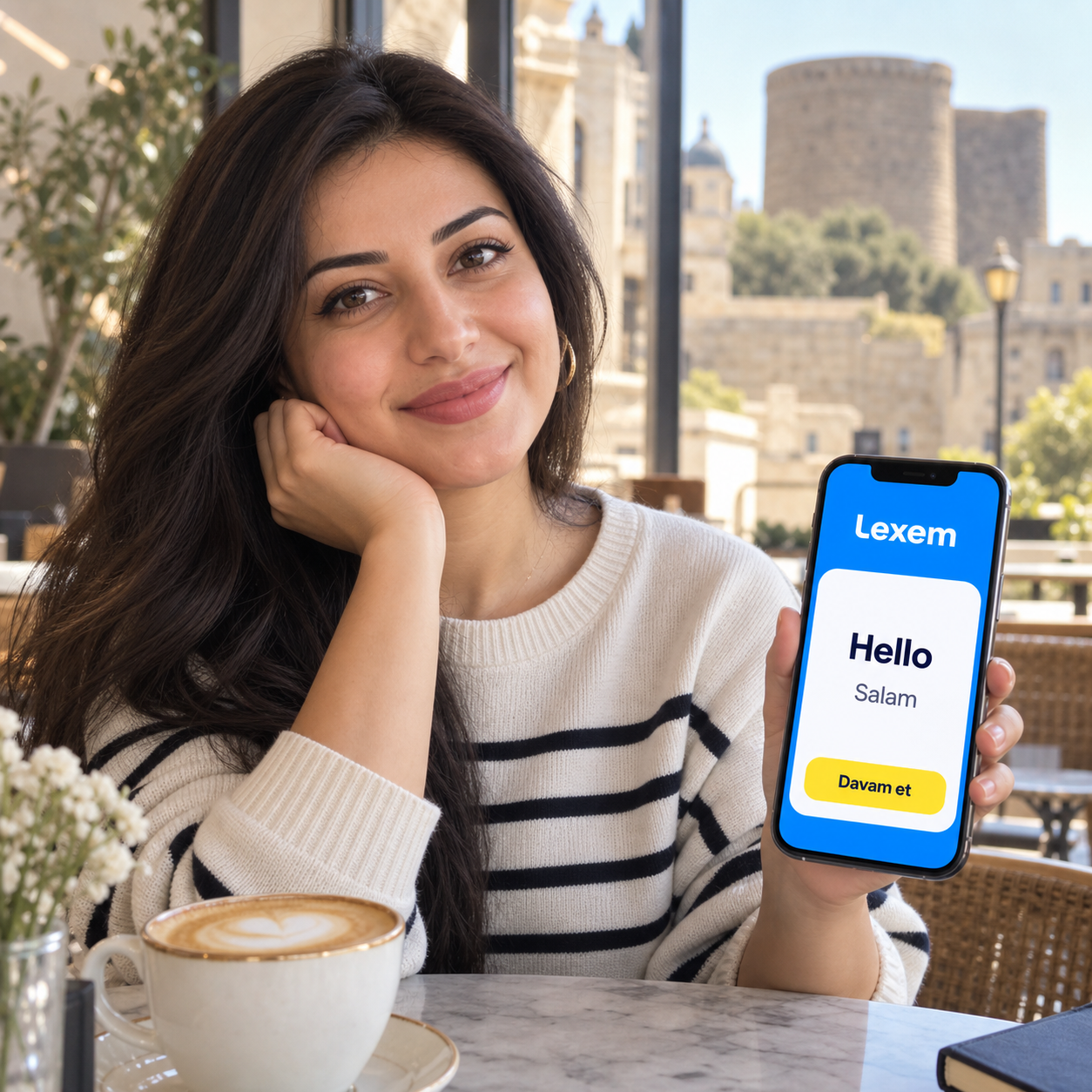 Qız ingilis dilini sərbəst öyrənir — smartfonda Lexem tətbiqi