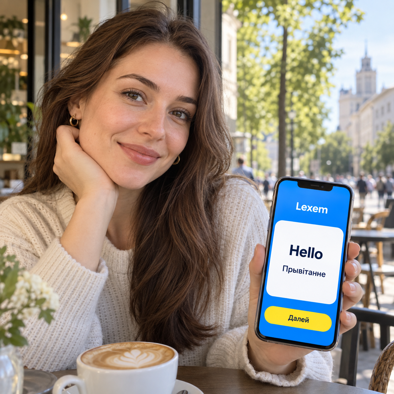 Дзяўчына самастойна вучыць англійскую — праграма Lexem у смартфоне