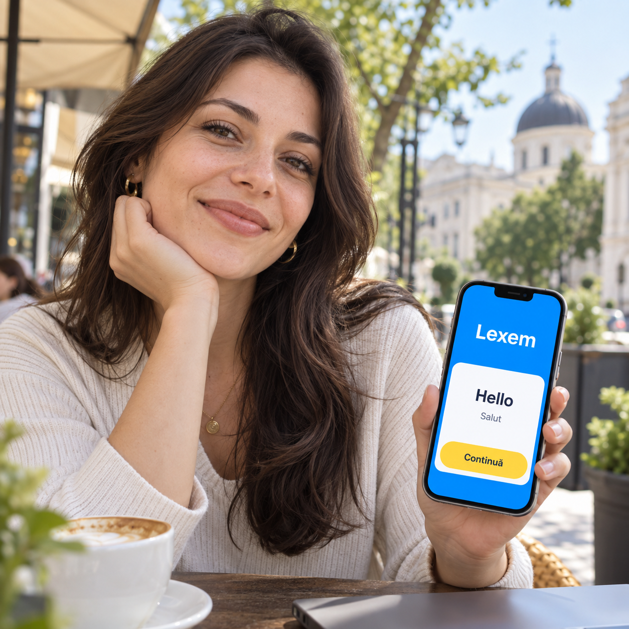 Fată învață engleza independent — aplicația Lexem pe smartphone