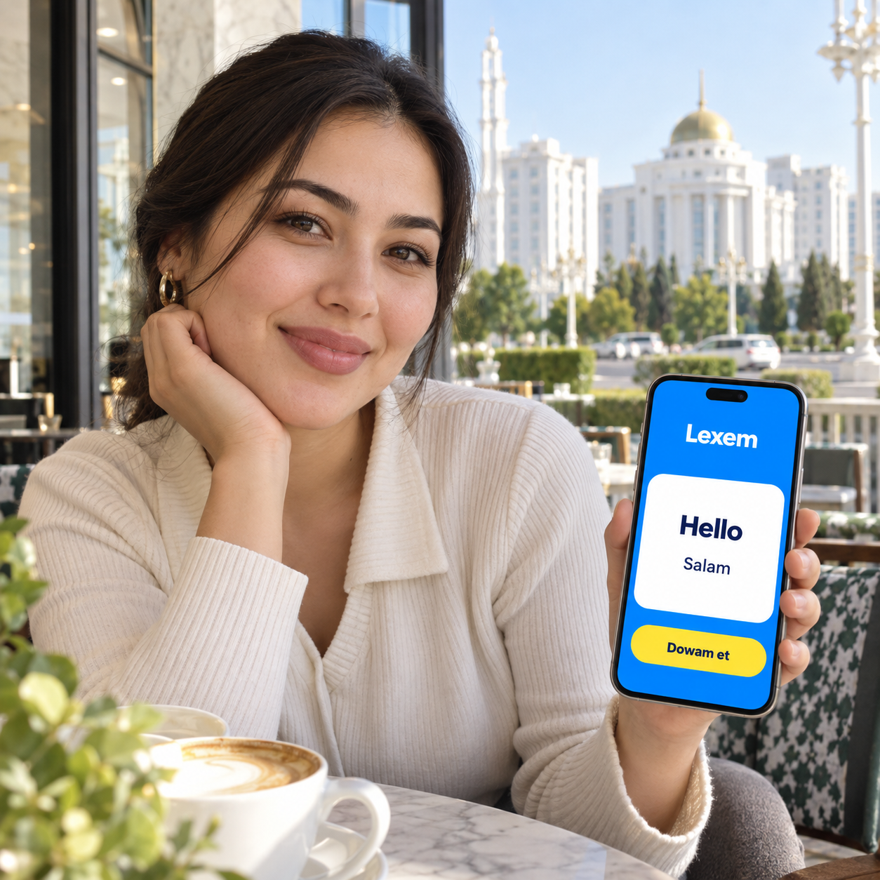 Gyz iňlis dilini özbaşdak öwrenýär — smartfonda Lexem goşundysy
