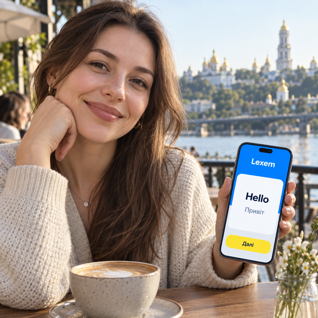 Дівчина самостійно вивчає англійську — додаток Lexem у смартфоні