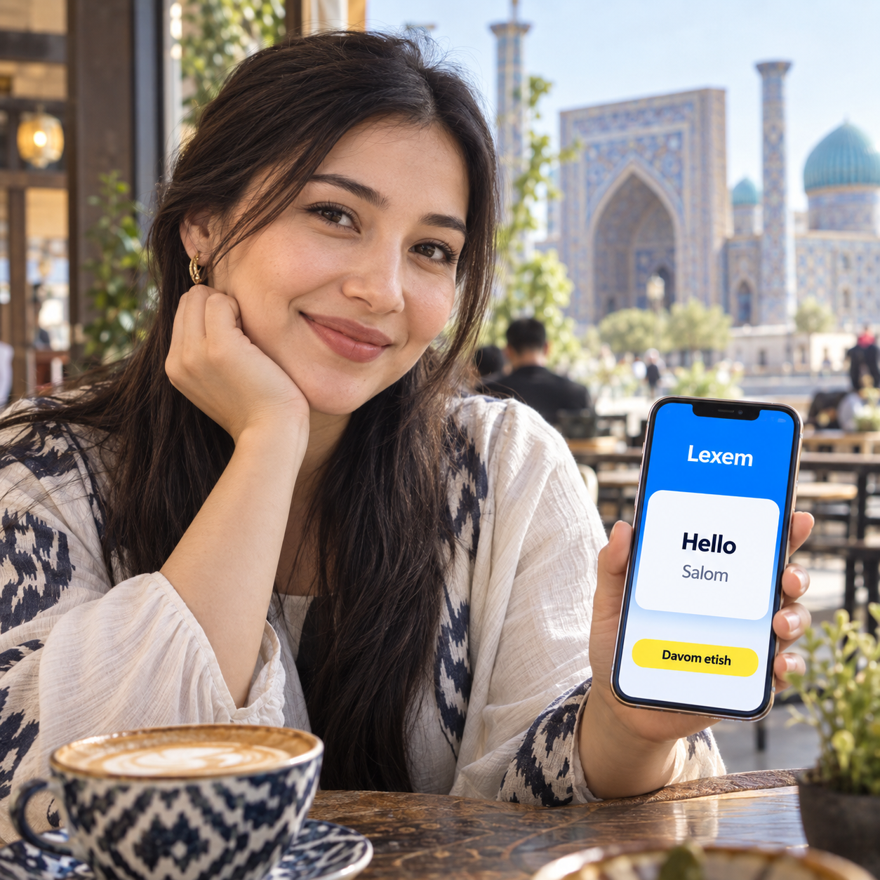 Qiz ingliz tilini mustaqil o'rganmoqda — smartfonda Lexem ilovasi